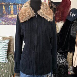 Fashion Bug Vintage 90s Ribbed Zip Up Cardigan Faux Fur XL